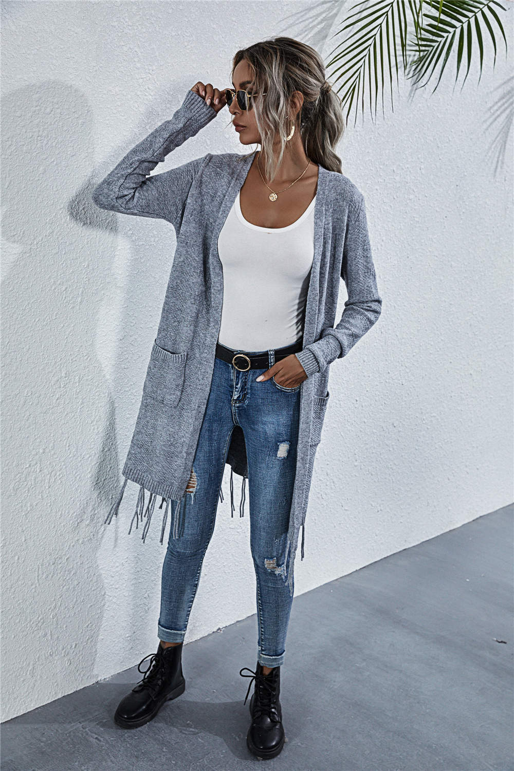 Long Sleeve Fringed Cardigan Sweater Jacket