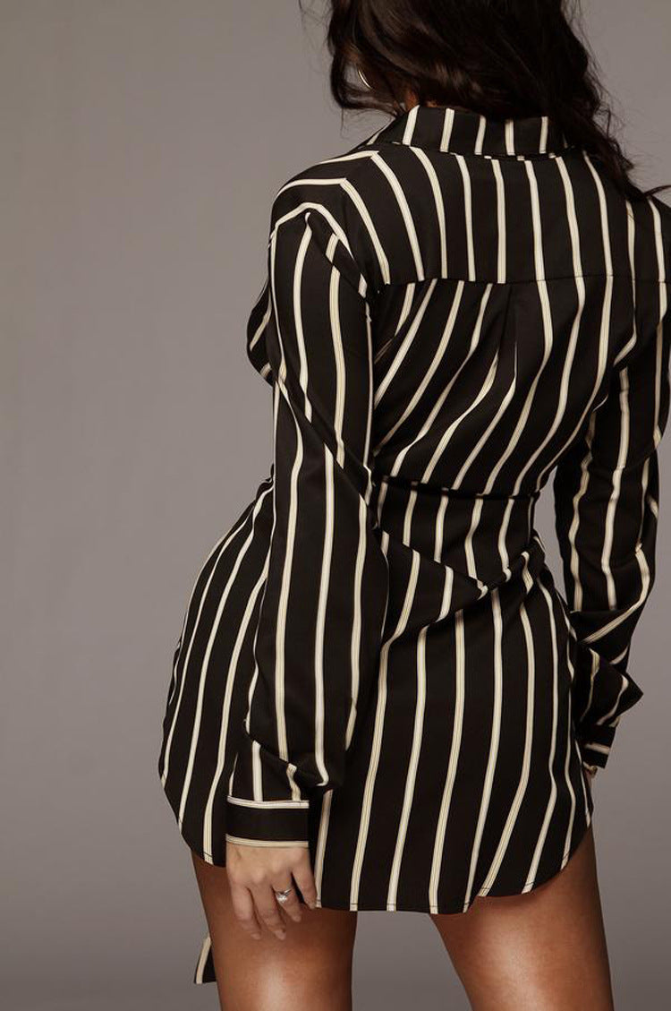 Striped Shirt Dress Tie Waist Casual Dress