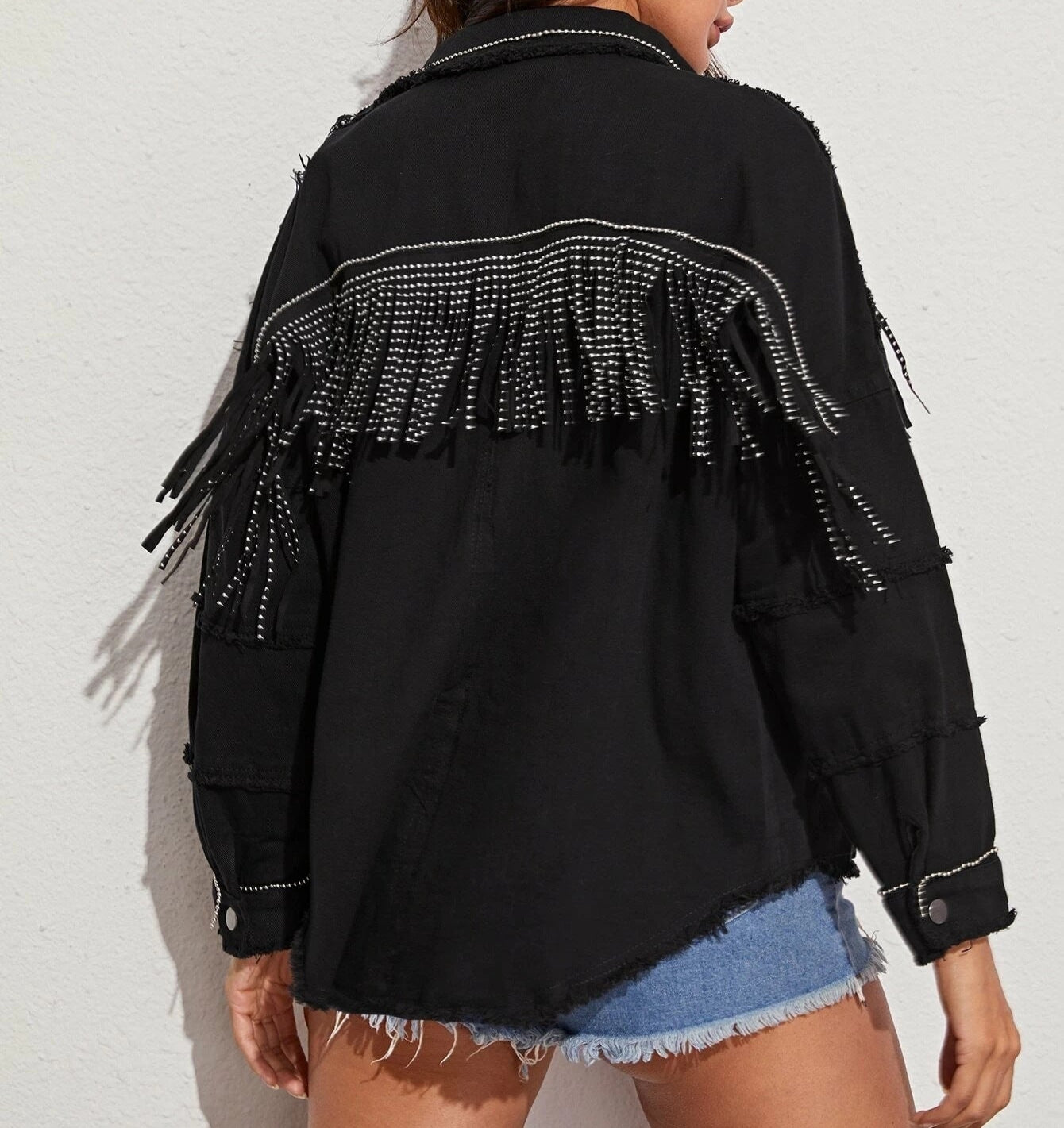 Beaded Denim Jacket Loose Fit with Fringed Hem