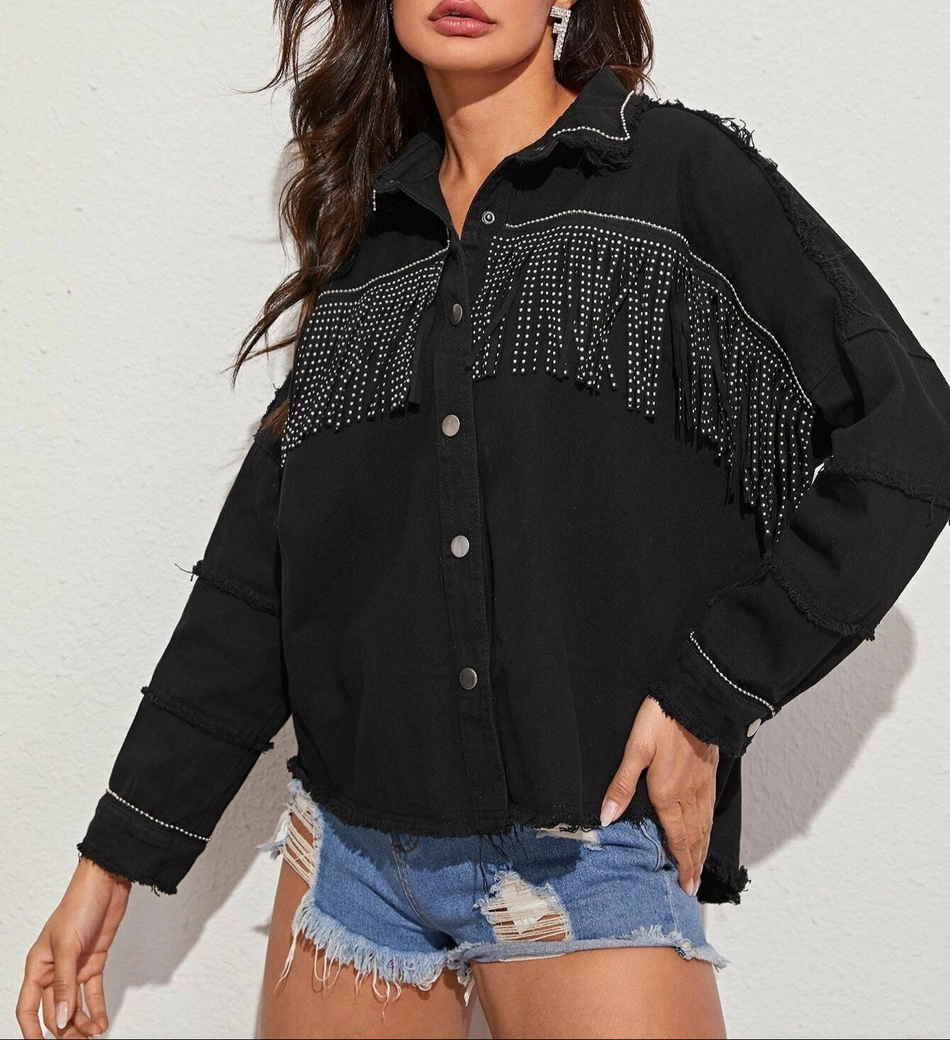 Beaded Denim Jacket Loose Fit with Fringed Hem