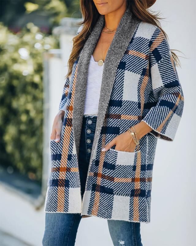 Plaid Pocket Loose Cardigan Jacket Cozy