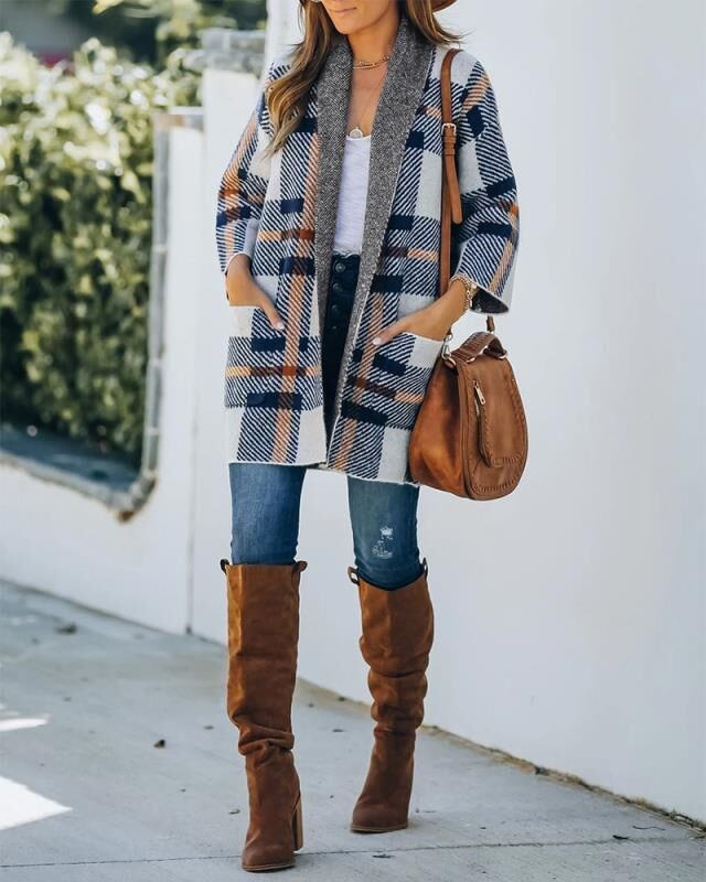 Plaid Pocket Loose Cardigan Jacket Cozy