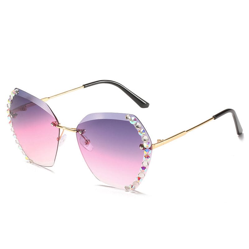 Rimless Sunglasses With Diamond-Studded Polygonal Sunglasses Sunglasses VAYORK STARS Upper purple middle red lowe