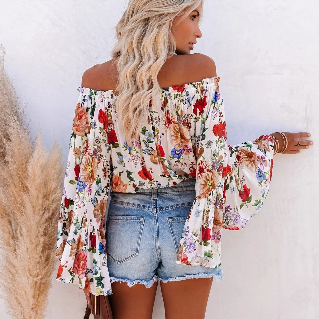 One-Shoulder Flared Sleeve Blouse