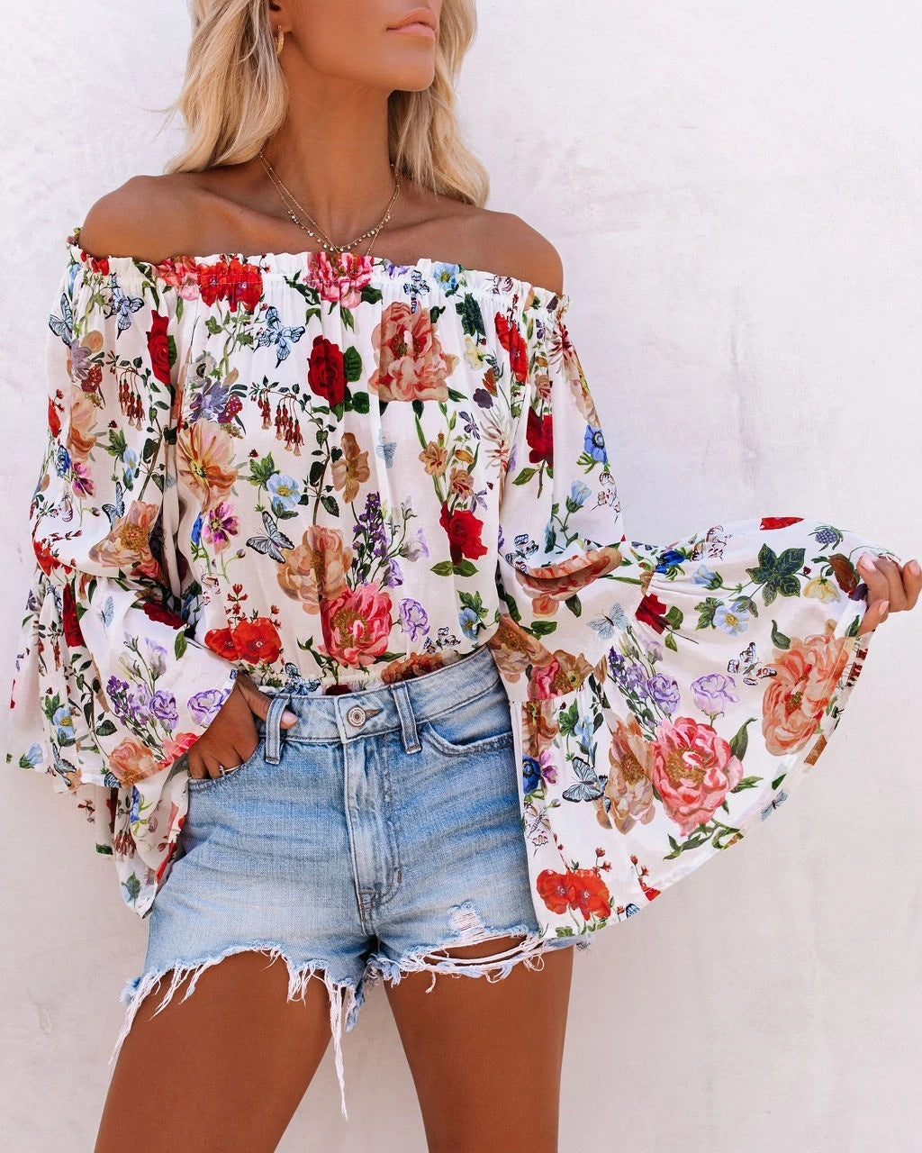 One-Shoulder Flared Sleeve Blouse