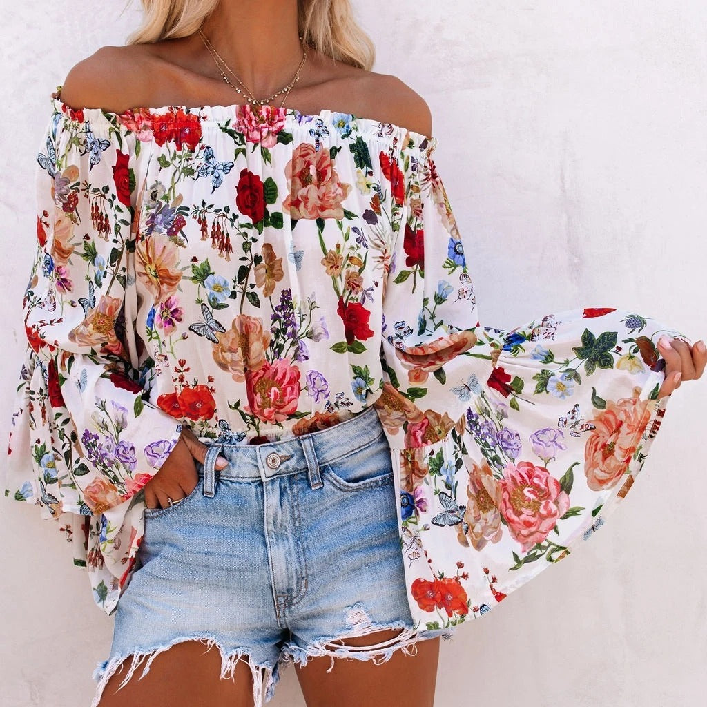 One-Shoulder Flared Sleeve Blouse