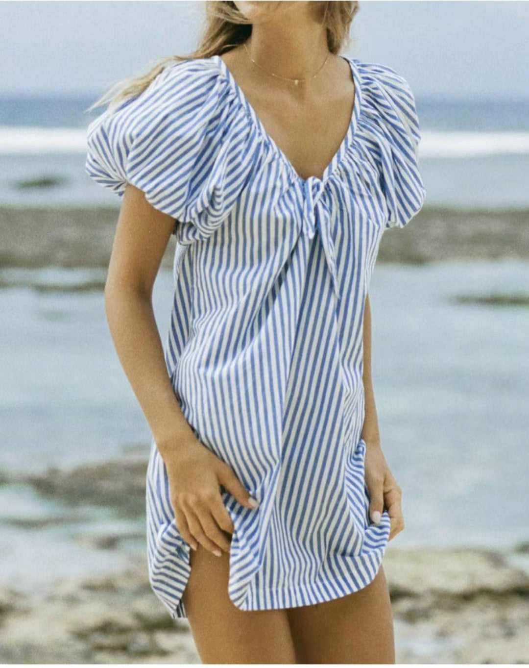 V-Neck Raglan Sleeve Striped Printed One-Piece Dress