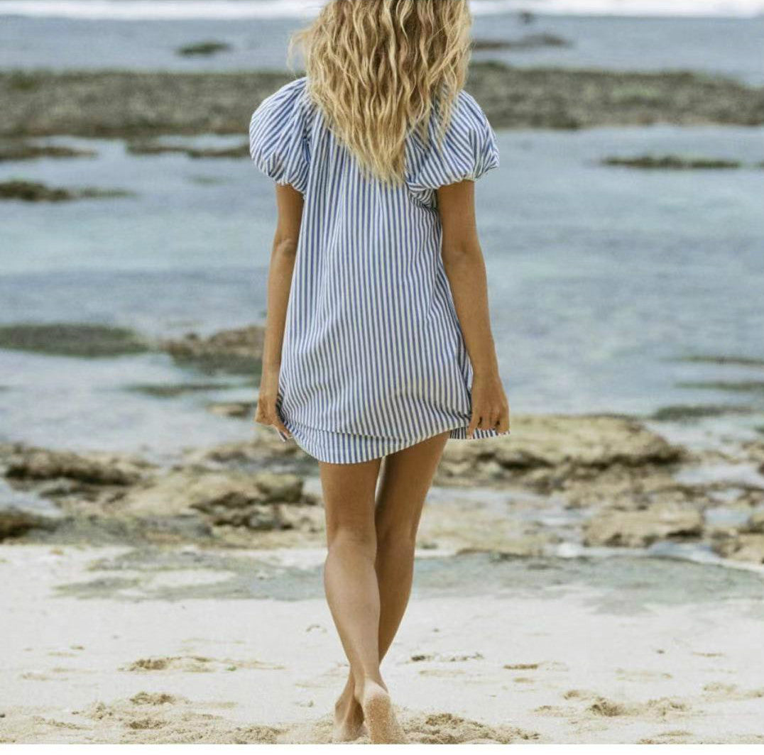 V-Neck Raglan Sleeve Striped Printed One-Piece Dress