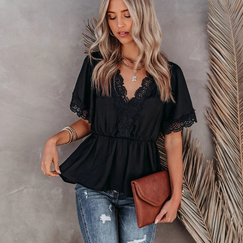 Lace Stitching Big V-Neck Short Sleeve Lace Top