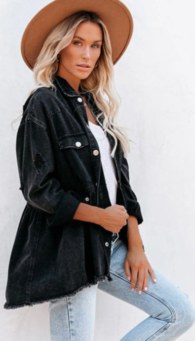 Black Denim Jacket Long Sleeve Raw Edge Cowgirl Style Jacket