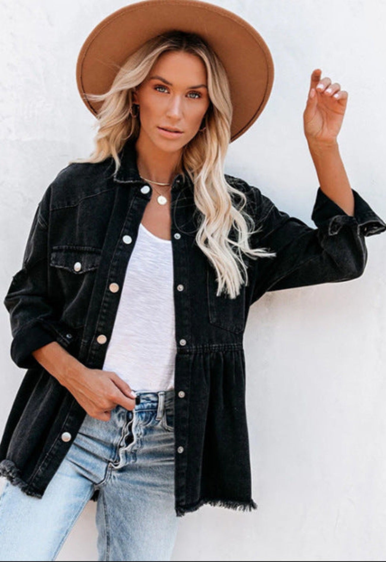 Black Denim Jacket Long Sleeve Raw Edge Cowgirl Style Jacket