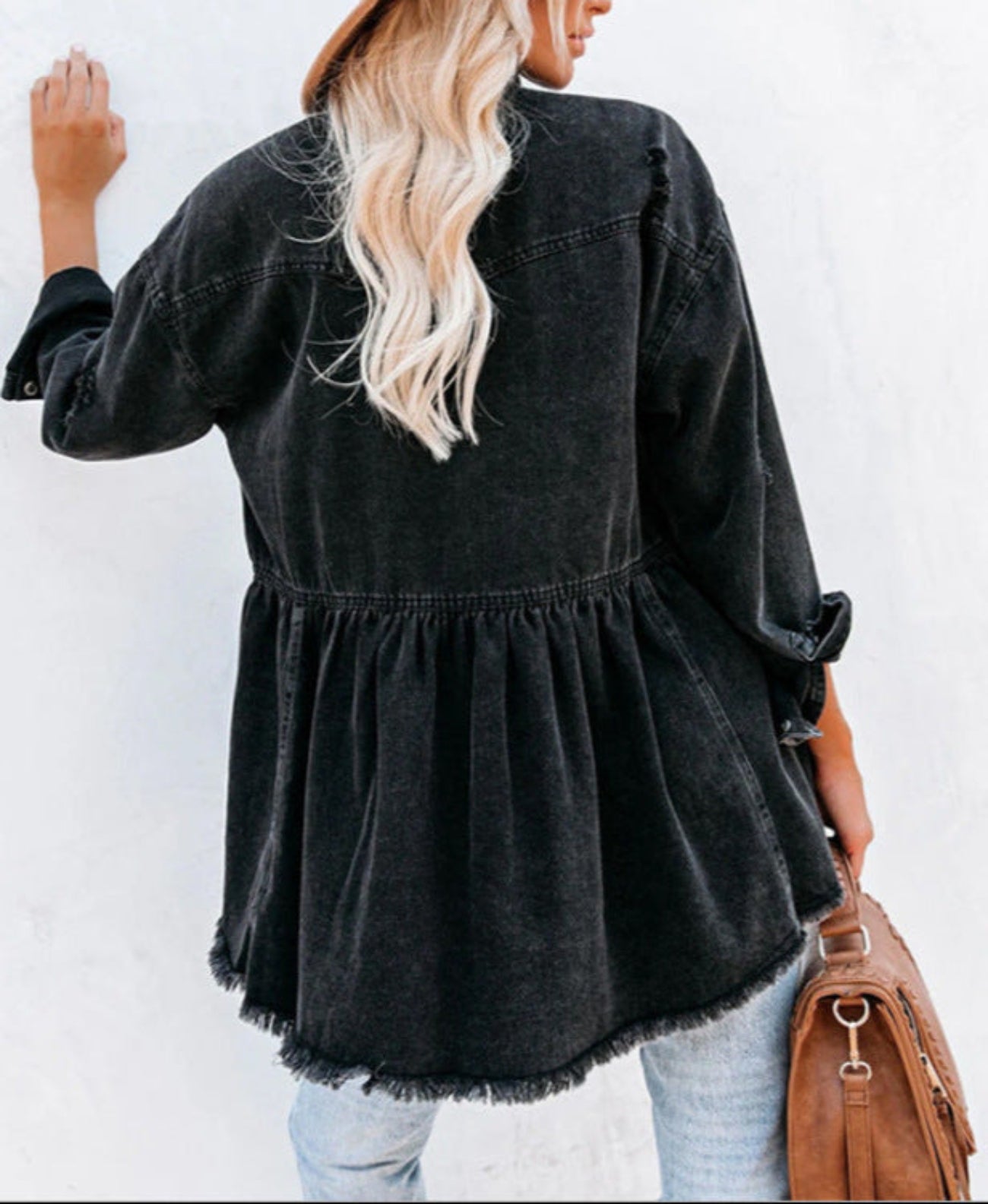 Black Denim Jacket Long Sleeve Raw Edge Cowgirl Style Jacket