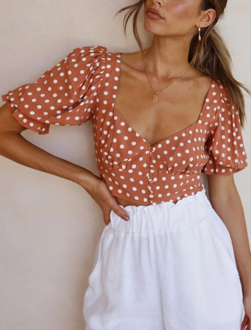 V-Neck Polka Dot Chiffon Top