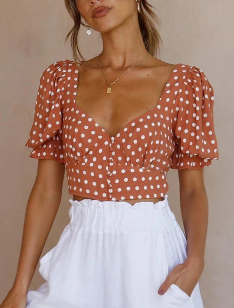 V-Neck Polka Dot Chiffon Top