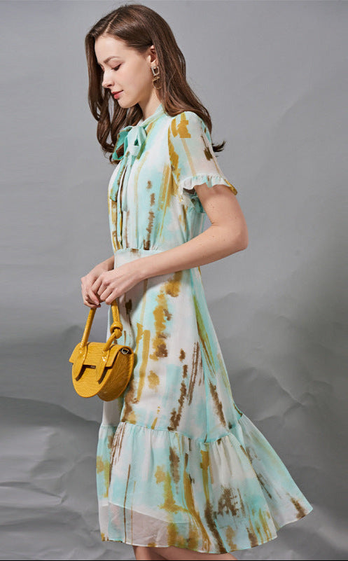 Silk Bow Tie Waist Dress Slimming Elegant A-Line