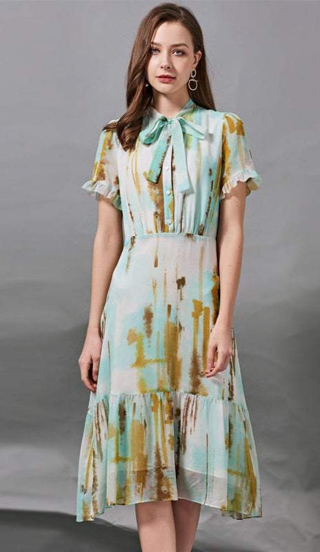 Silk Bow Tie Waist Dress Slimming Elegant A-Line