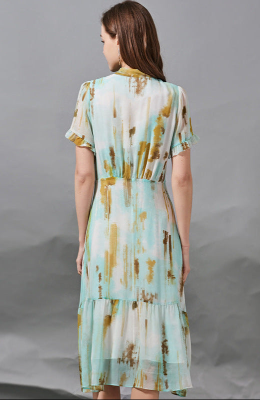 Silk Bow Tie Waist Dress Slimming Elegant A-Line
