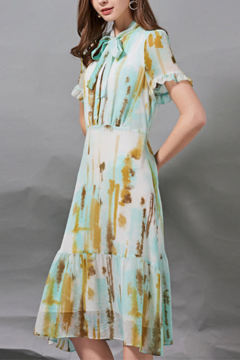 Silk Bow Tie Waist Dress Slimming Elegant A-Line