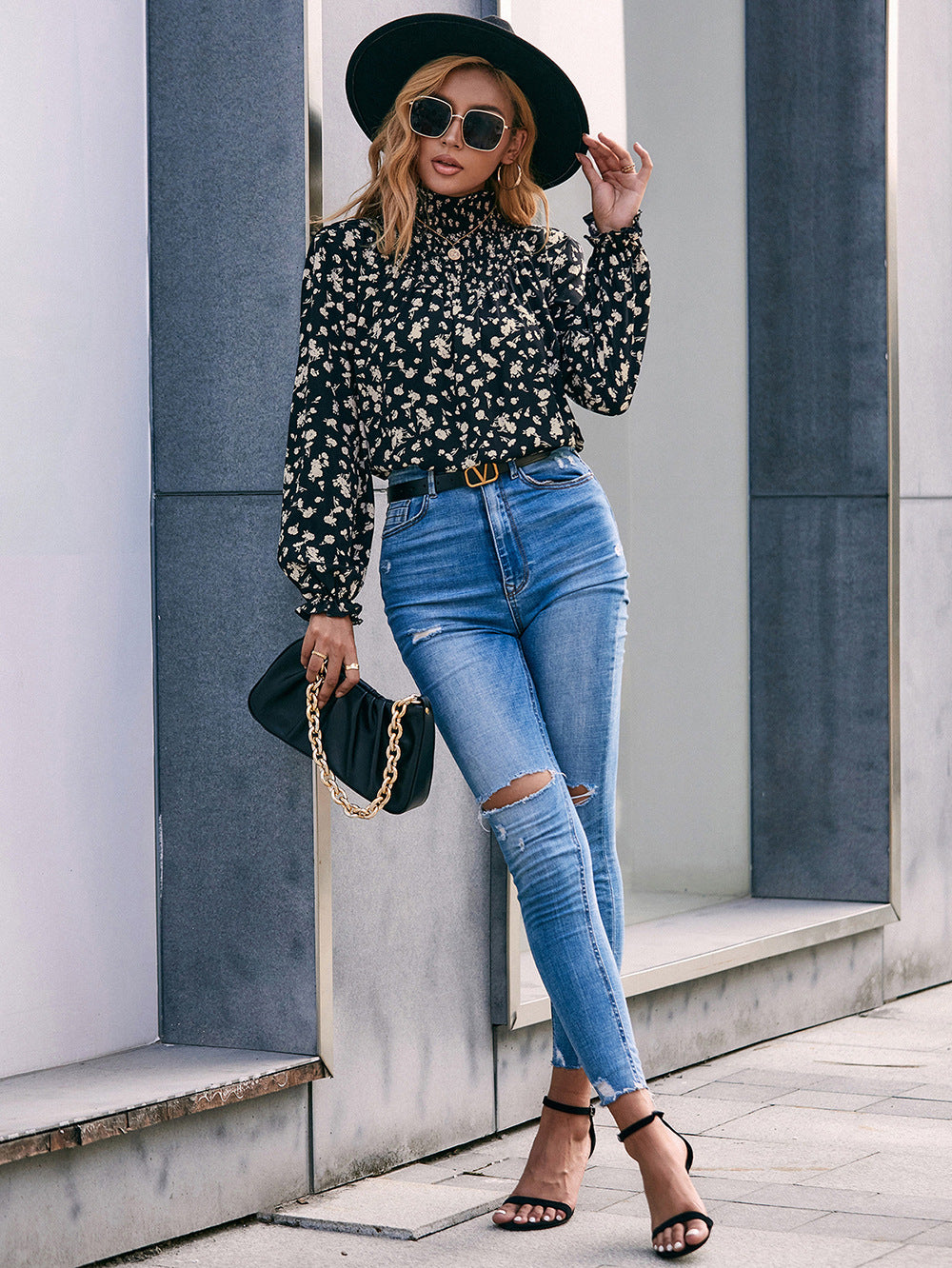 High Neck Ruffle Sleeve Blouse