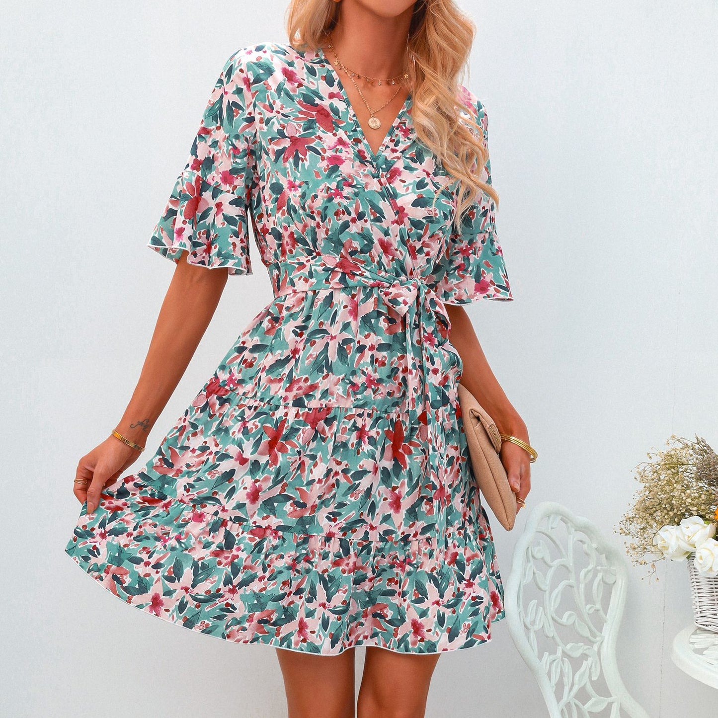 European And American V-neck Short-sleeved Ruffled Floral Dress
