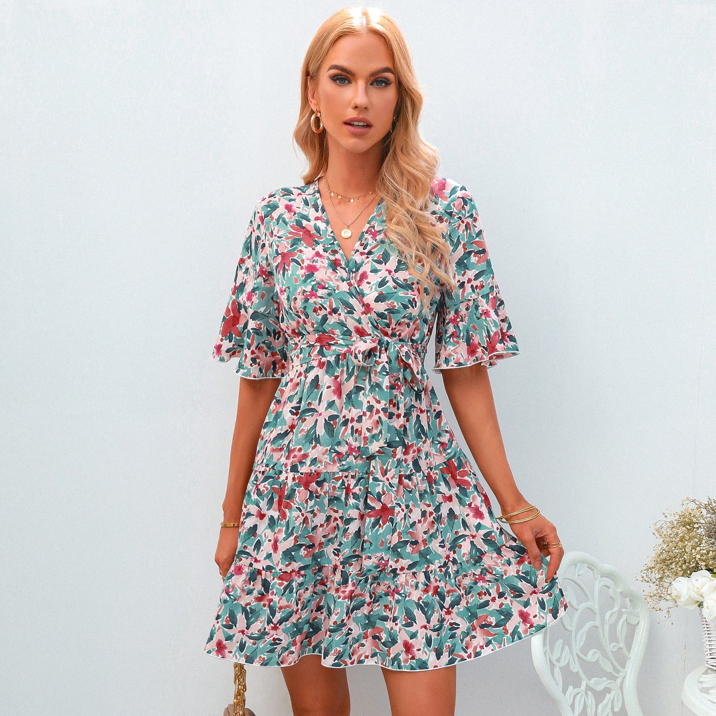 European And American V-neck Short-sleeved Ruffled Floral Dress
