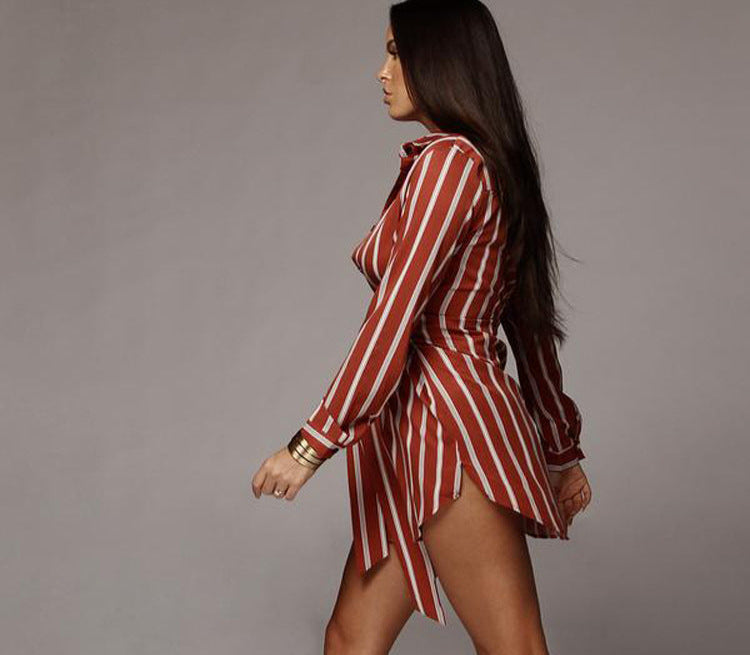 Striped Shirt Dress Tie Waist Casual Dress