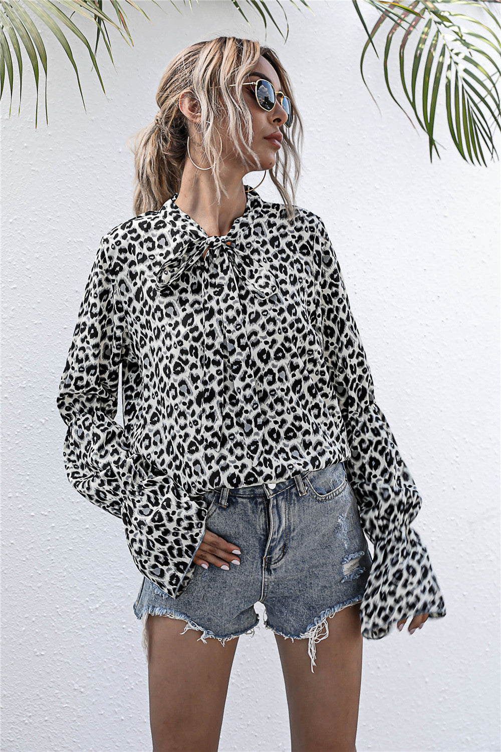 Leopard Print Lace-up Lantern Sleeve Blouse