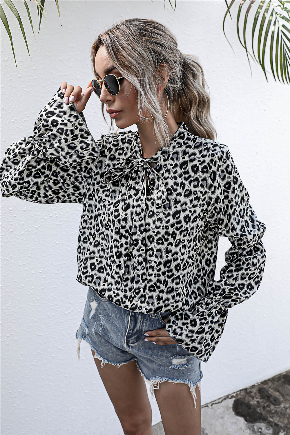 Leopard Print Lace-up Lantern Sleeve Blouse