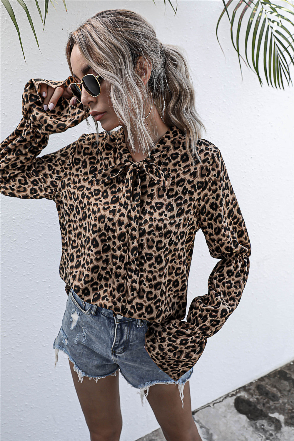 Leopard Print Lace-up Lantern Sleeve Blouse