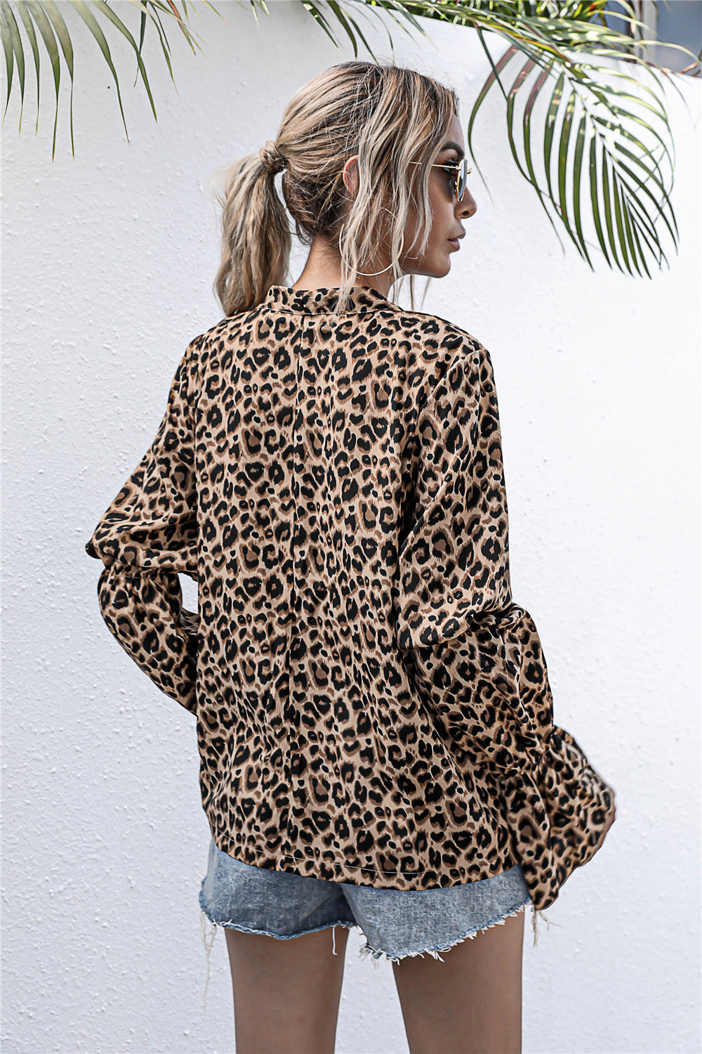 Leopard Print Lace-up Lantern Sleeve Blouse