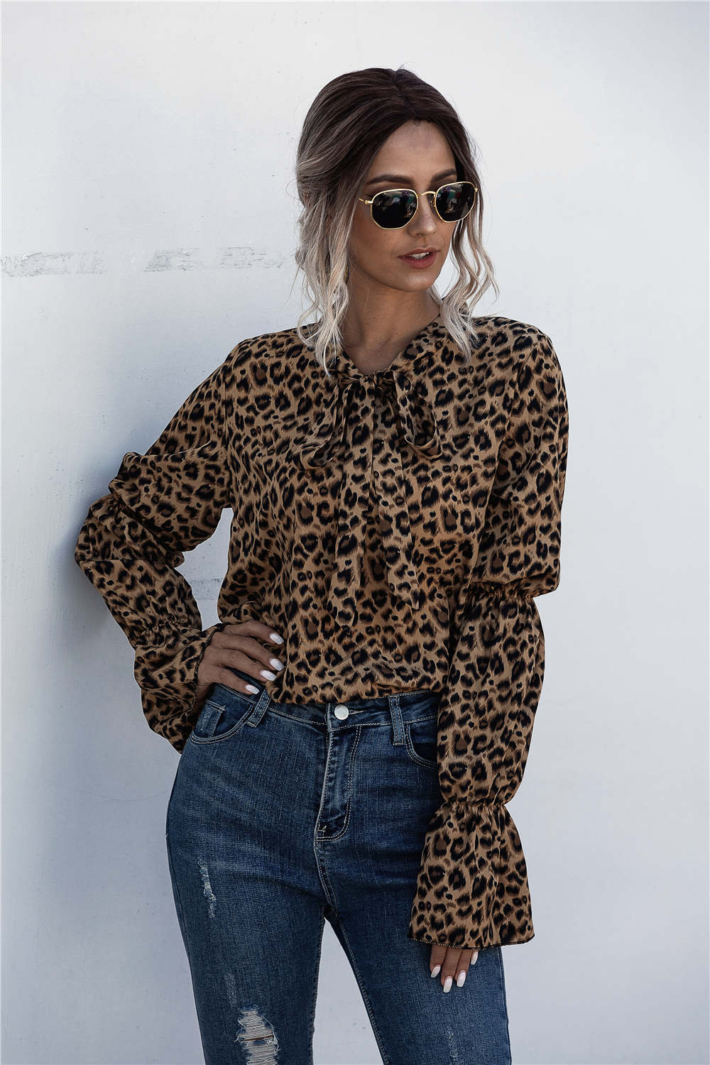 Leopard Print Lace-up Lantern Sleeve Blouse