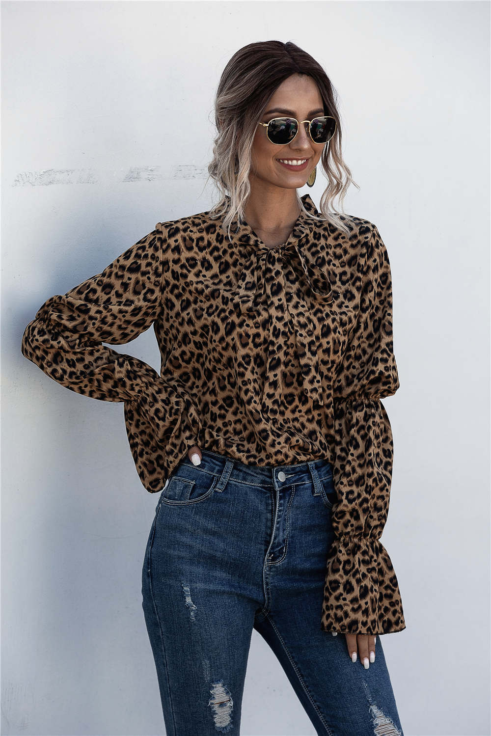 Leopard Print Lace-up Lantern Sleeve Blouse
