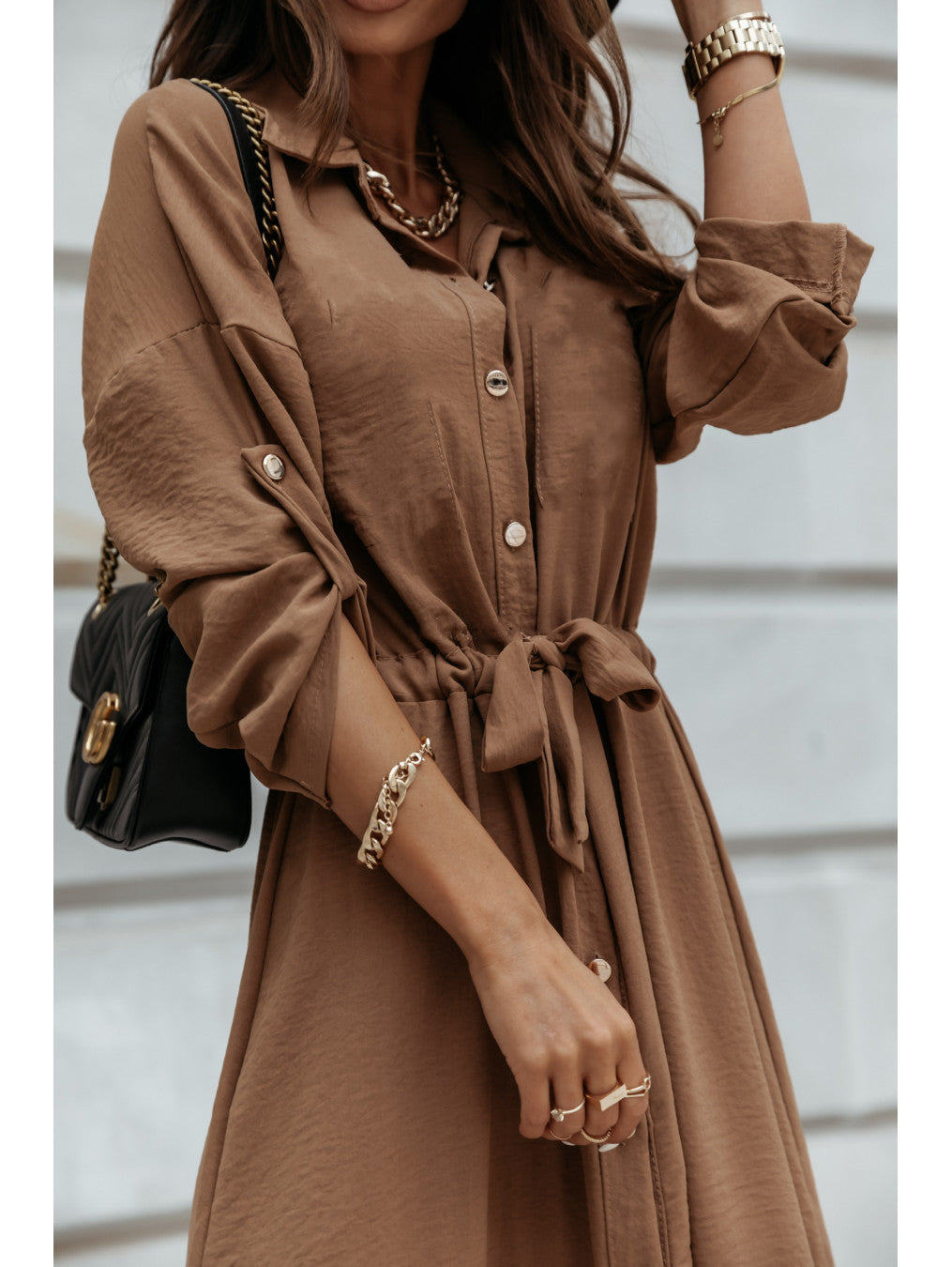 V-Neck Lace-Up Dress Round Sleeve Button Waist Casual Midi Dress