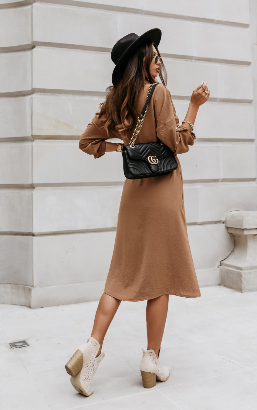 V-Neck Lace-Up Dress Round Sleeve Button Waist Casual Midi Dress
