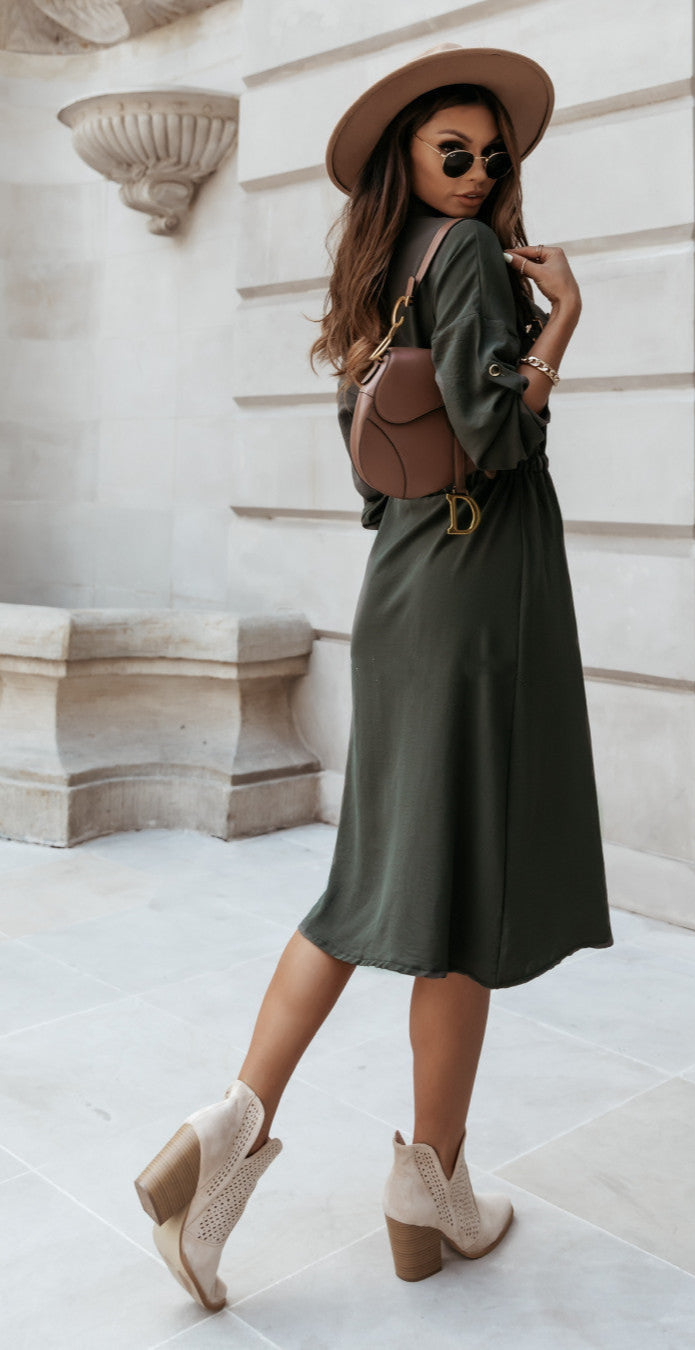 V-Neck Lace-Up Dress Round Sleeve Button Waist Casual Midi Dress