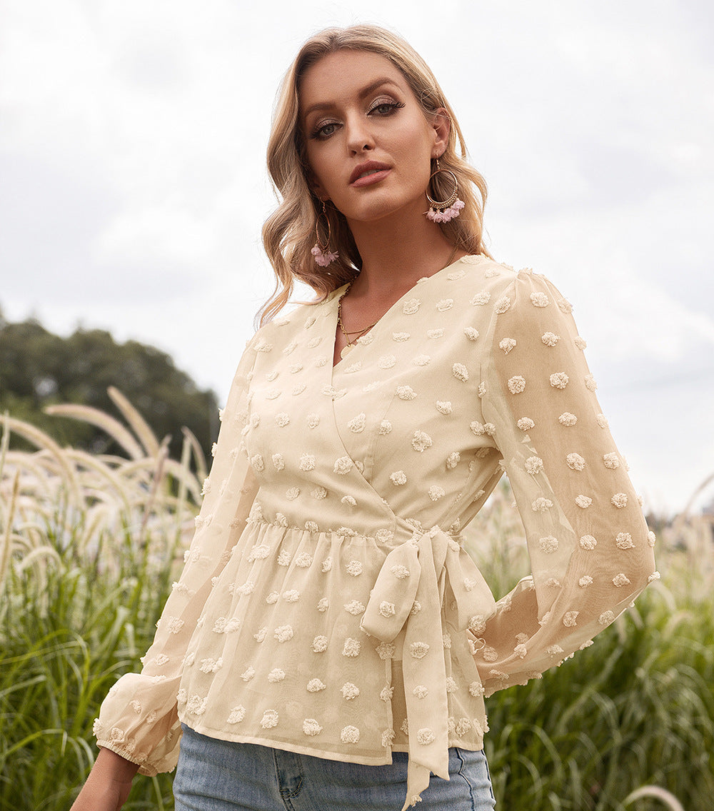 Jacquard Lace V-neck Long-sleeved Blouse