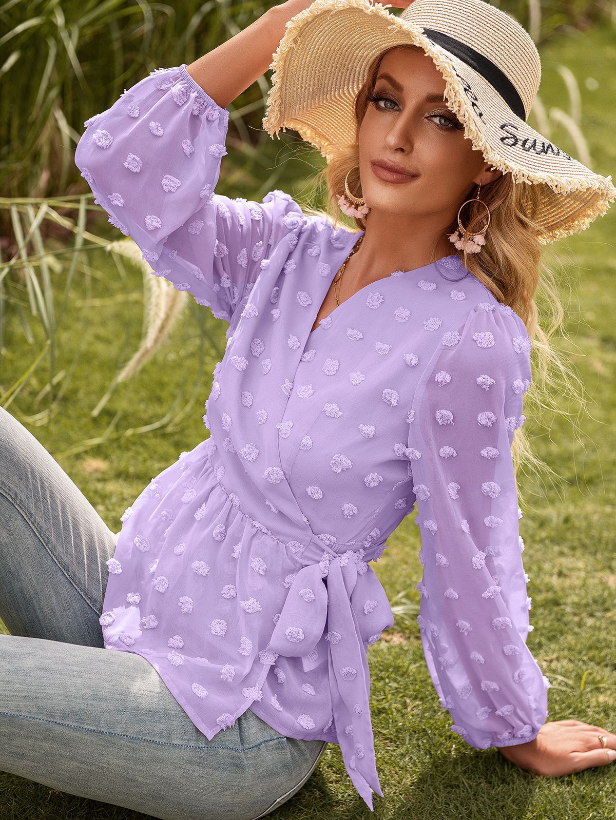 Jacquard Lace V-neck Long-sleeved Blouse