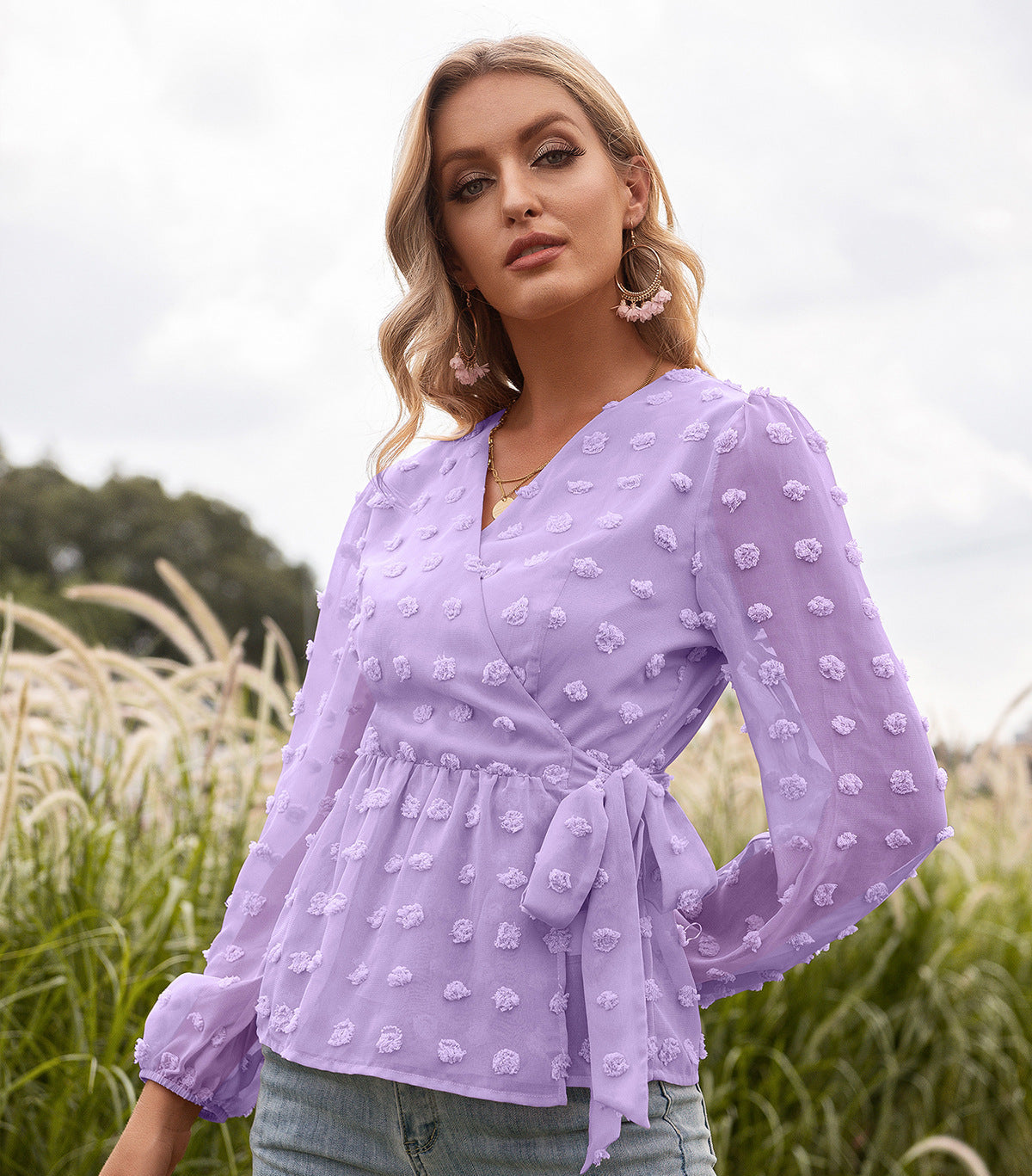 Jacquard Lace V-neck Long-sleeved Blouse