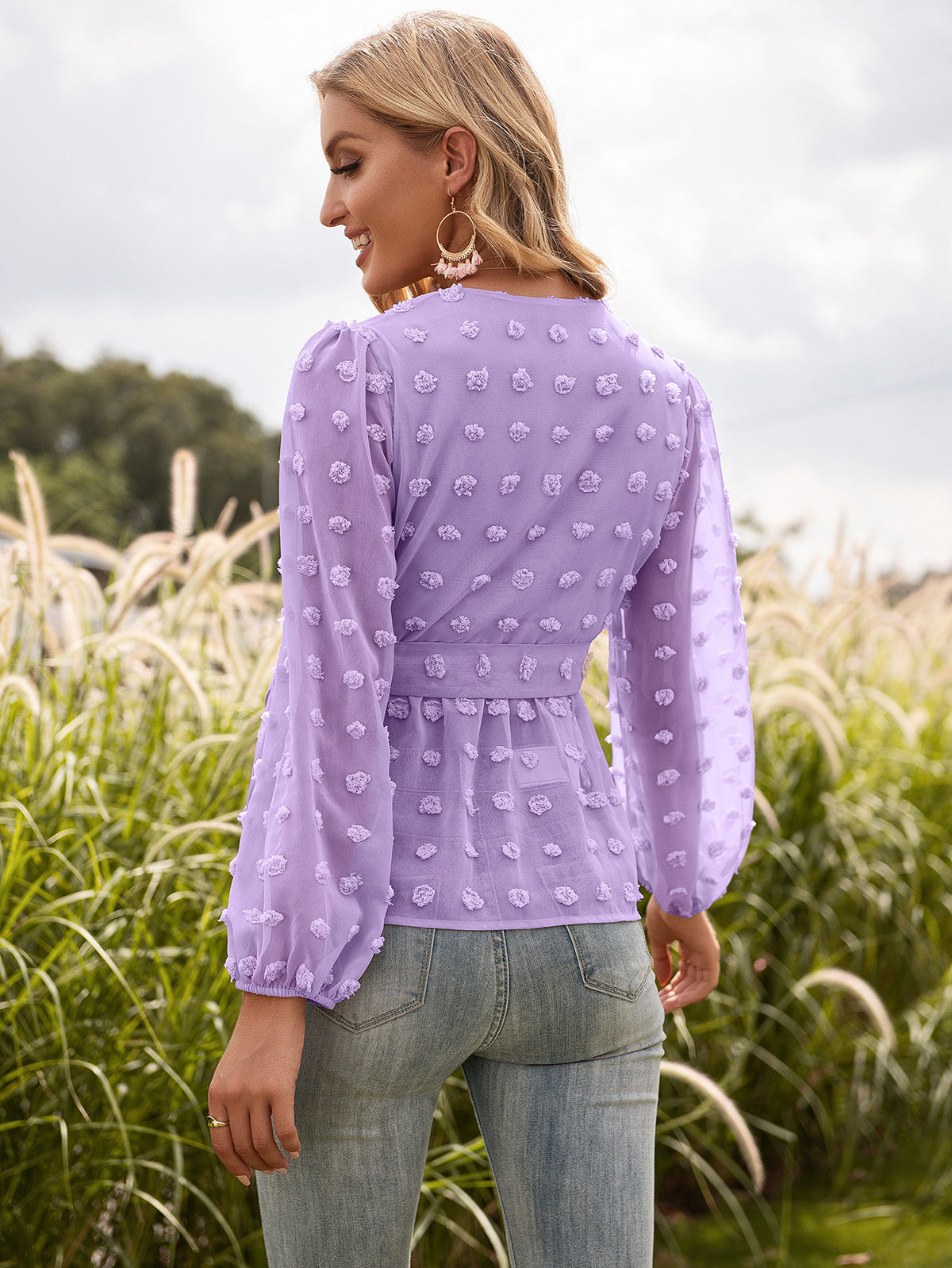 Jacquard Lace V-neck Long-sleeved Blouse