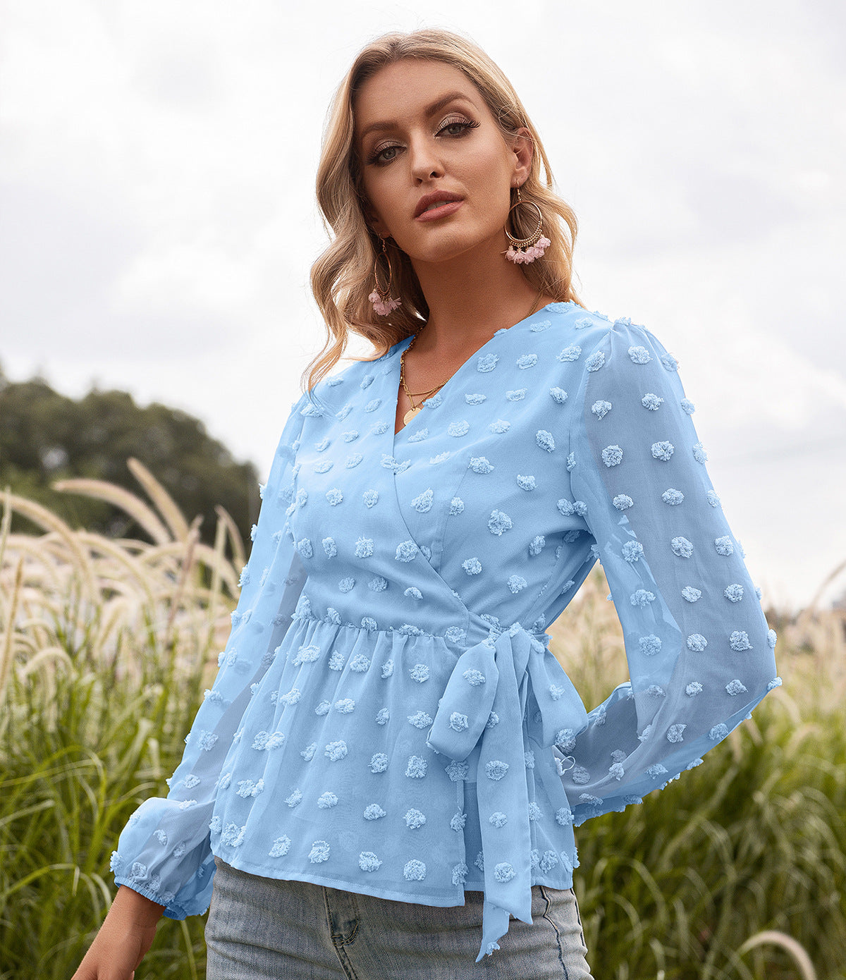 Jacquard Lace V-neck Long-sleeved Blouse