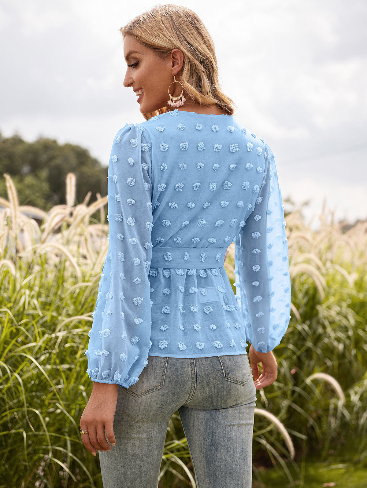 Jacquard Lace V-neck Long-sleeved Blouse