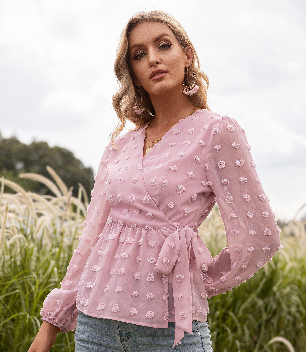 Jacquard Lace V-neck Long-sleeved Blouse