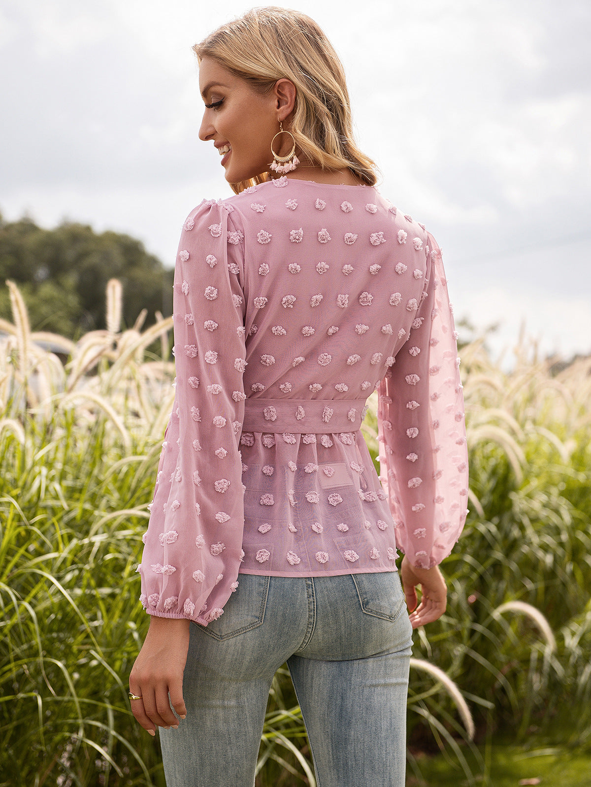 Jacquard Lace V-neck Long-sleeved Blouse