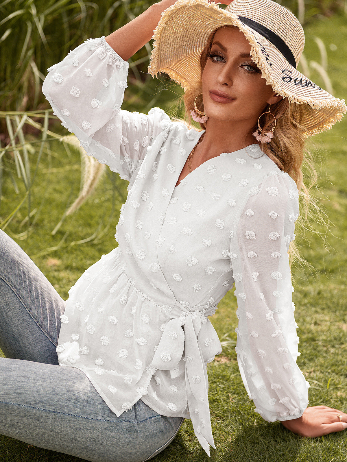 Jacquard Lace V-neck Long-sleeved Blouse