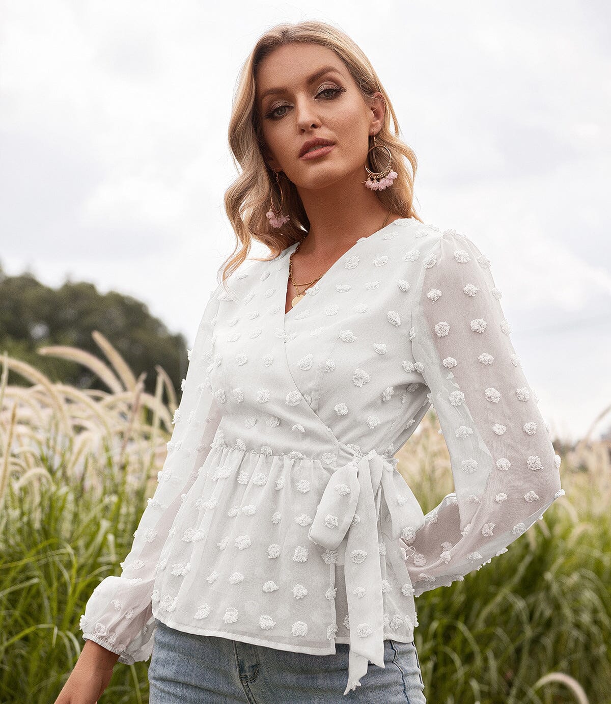 Jacquard Lace V-neck Long-sleeved Blouse Tops VAYORK STARS White L