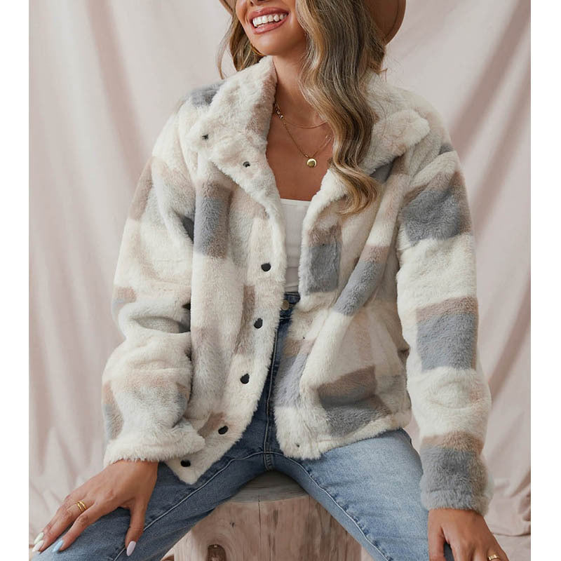 Plaid Plush Lapel Jacket Warm Outerwear