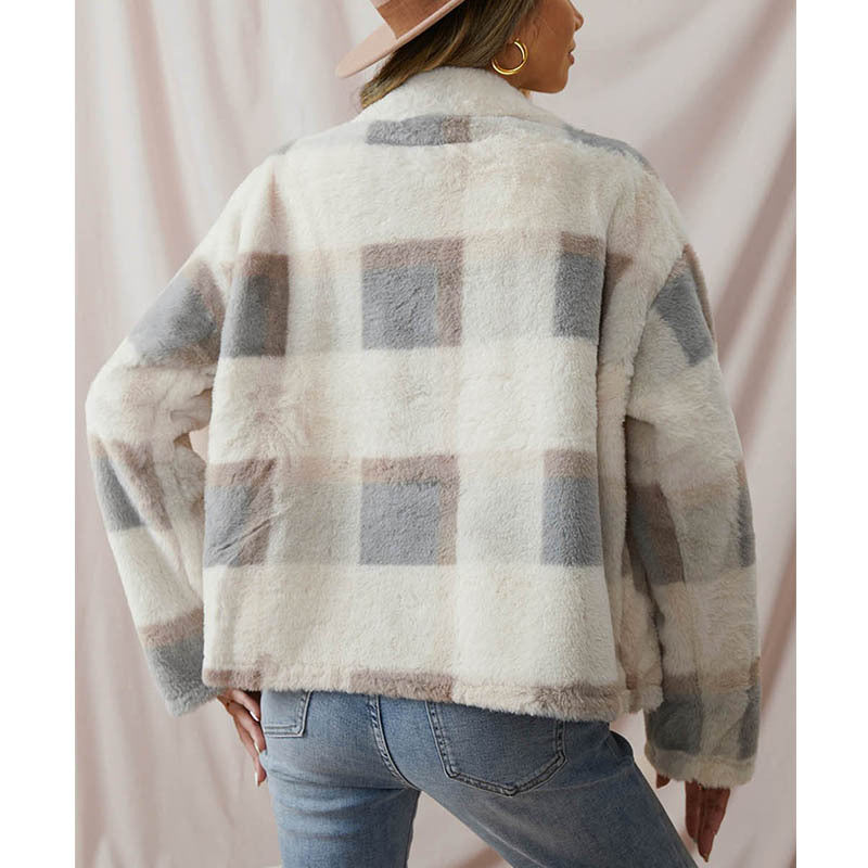 Plaid Plush Lapel Jacket Warm Outerwear