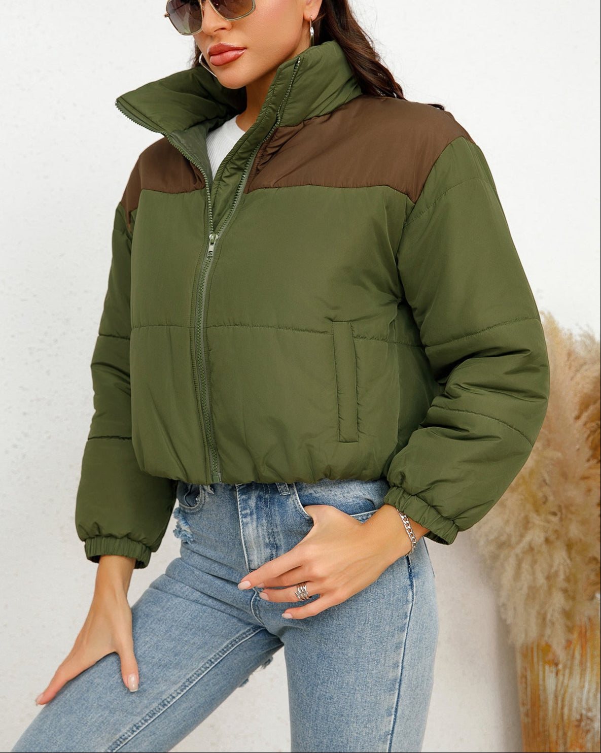 Solid Cotton-Padded Jacket Round Neck Long Sleeve with Zipper & Pockets