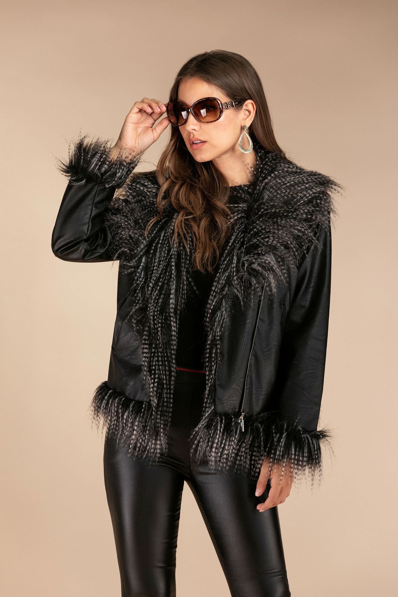 Sheepskin Leather Jacket with Raccoon Fur Collar Luxury