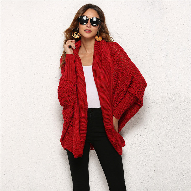 Irregular Hollow Knit Bat Sleeve Cardigan – European & American Style